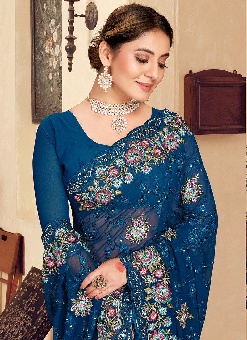 Buy Rama Georgette Embroidery Work Wedding Wear Saree Online From Surat